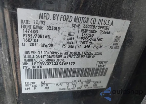 2003 Ford F-150 Lariat/Xlt из США, поврежденный, VIN 1FTRW07L23KB69130